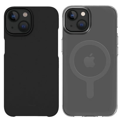 IPhone med sort cover ved siden af iPhone 13/14 klar cover med synligt Apple-logo og MagSafe-ring.