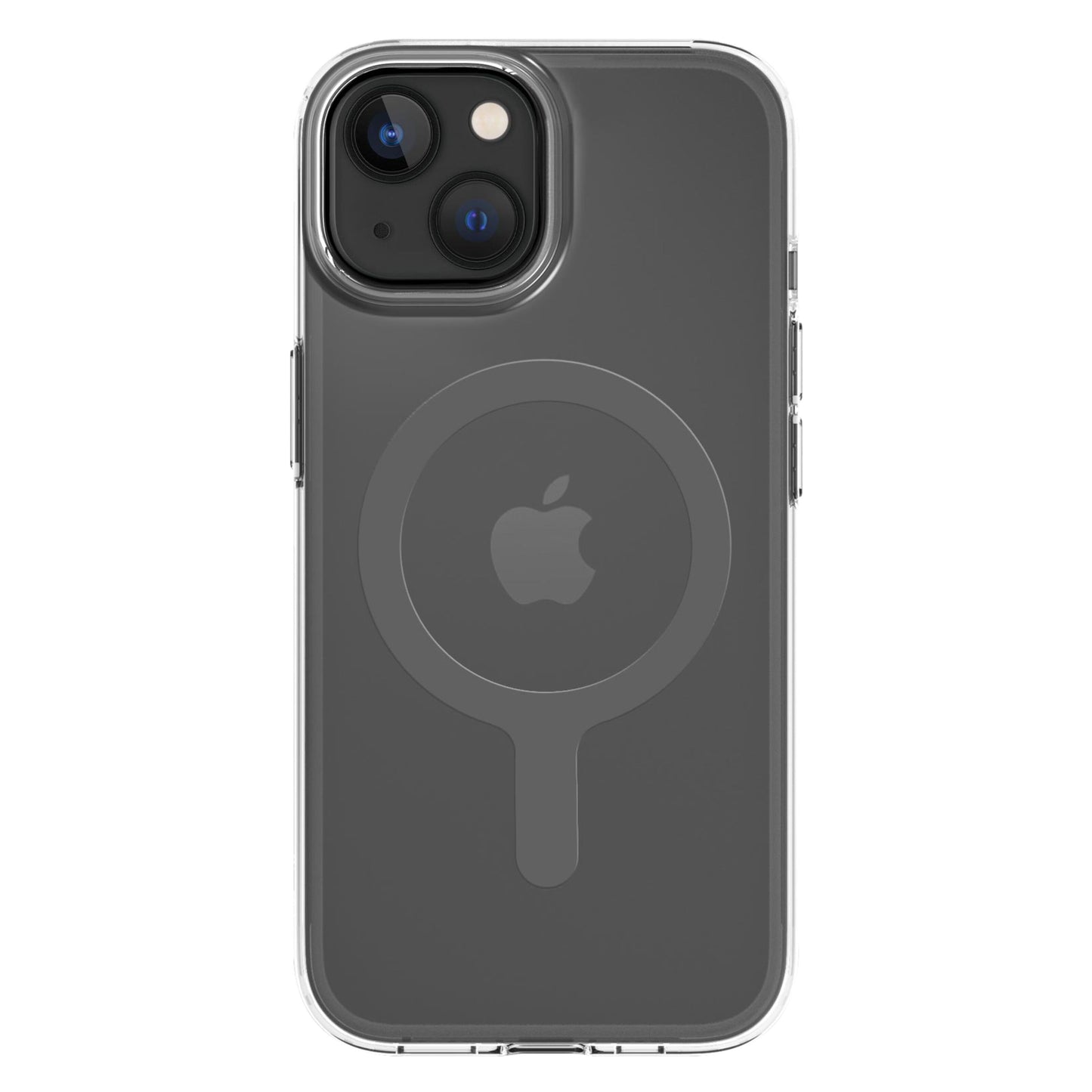 Mobilcover iPhone 15 Klar, gennemsigtig MagSafe-cover med synligt Apple-logo, MagSafe-ring, dobbelt kamera og flash øverst til venstre.