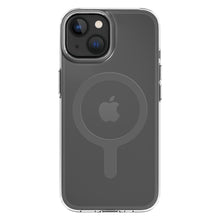 Mobilcover iPhone 15 Klar, gennemsigtig MagSafe-cover med synligt Apple-logo, MagSafe-ring, dobbelt kamera og flash øverst til venstre.