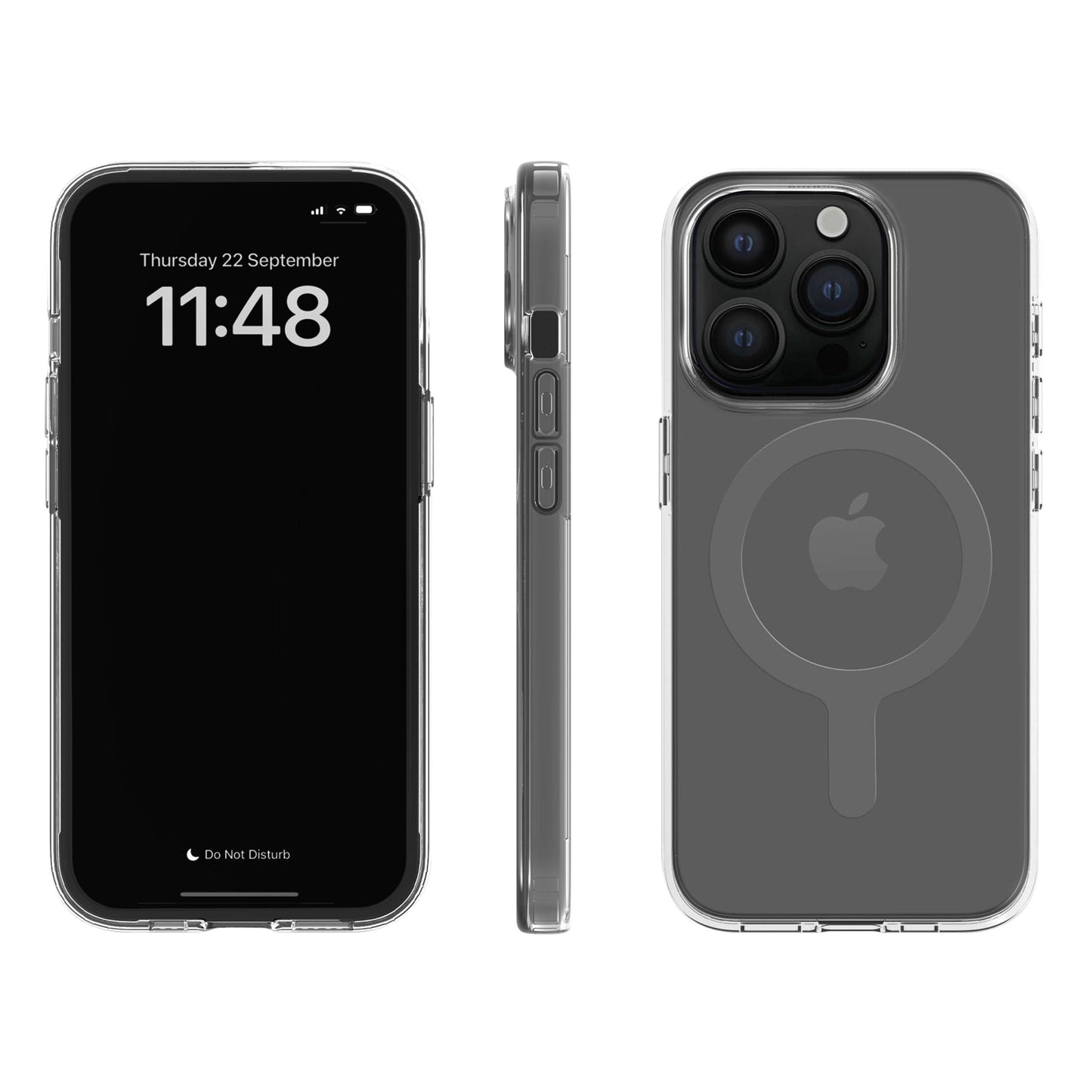 A Good Company mobilcover iPhone 15 klar, vises forfra, fra siden og bagfra med transparent MagSafe-design og Apple-logo.
