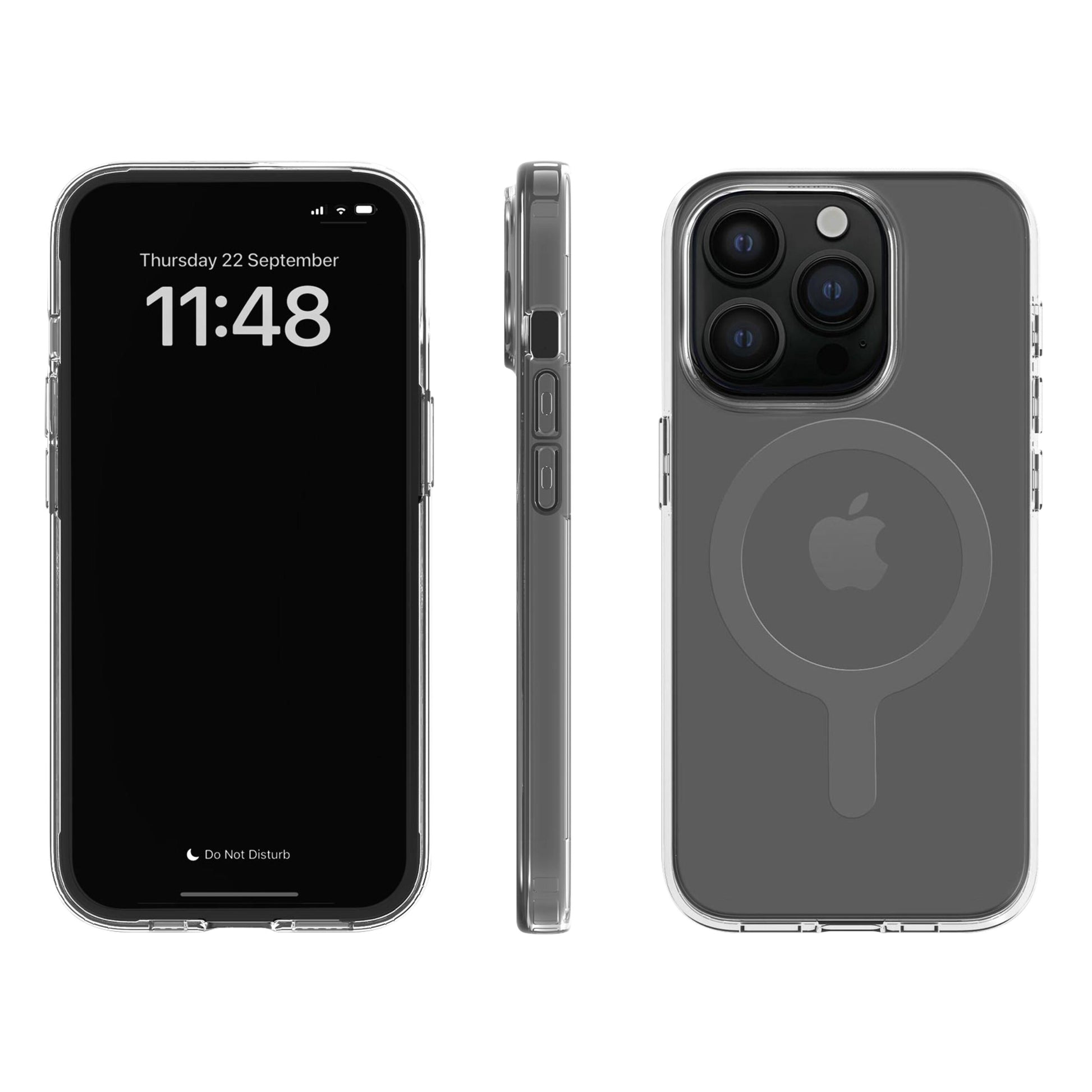 A Good Company mobilcover iPhone 15 klar, vises forfra, fra siden og bagfra med transparent MagSafe-design og Apple-logo.