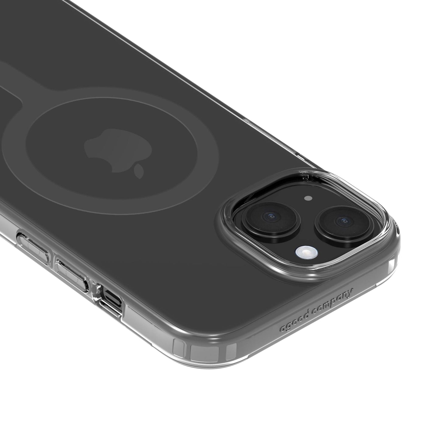 Agood company Mobilcover iPhone 15 Klar biobaseret cover, vises med dobbelte bagkameraer, sideknapper, MagSafe-outline.