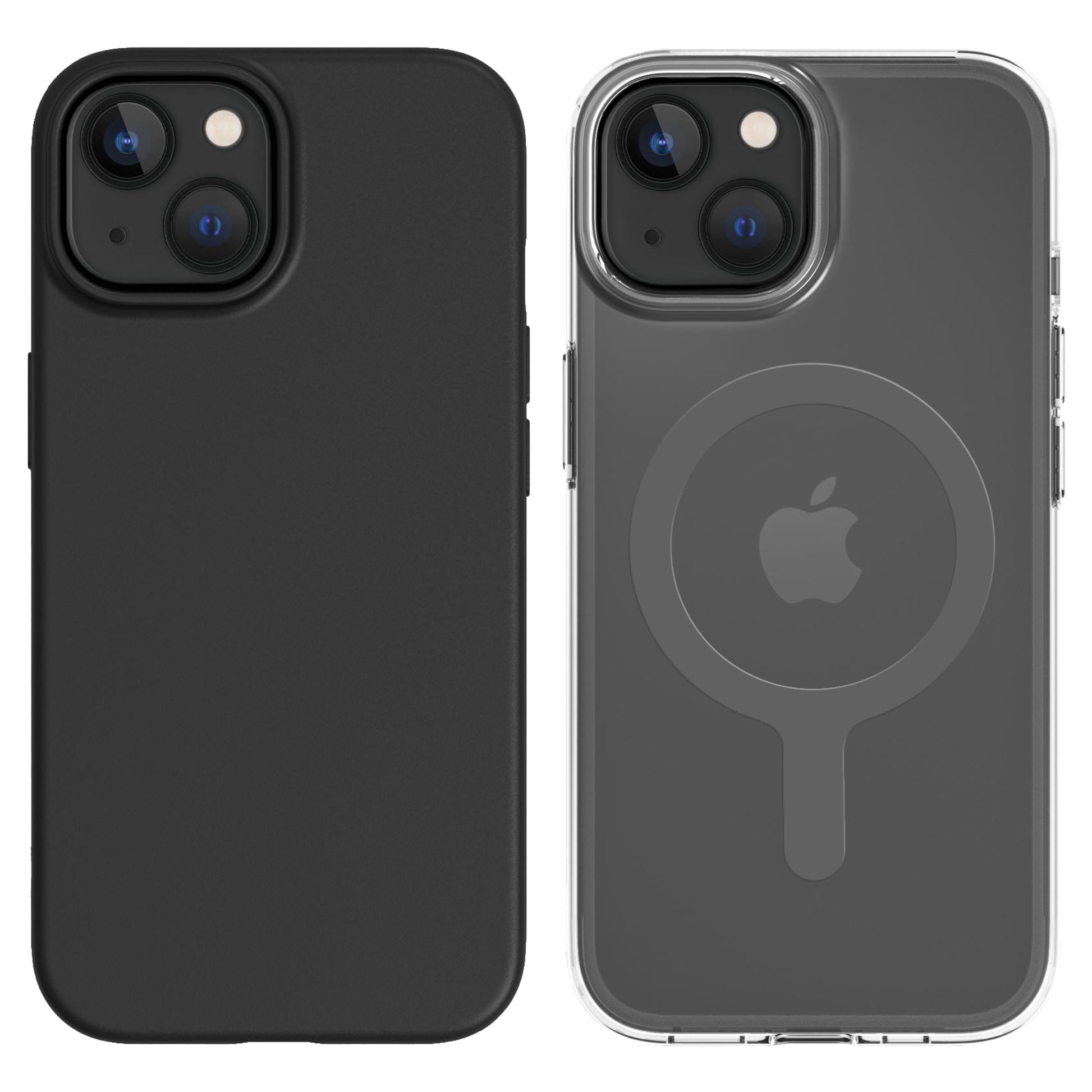 IPhone 15 med sort cover og iPhone 15 med biobaseret, MagSafe-kompatibelt klart cover, Apple-logo og cirkeldesign synligt.