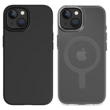 IPhone 15 med sort cover og iPhone 15 med biobaseret, MagSafe-kompatibelt klart cover, Apple-logo og cirkeldesign synligt.