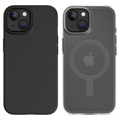 IPhone 15 med sort cover og iPhone 15 med biobaseret, MagSafe-kompatibelt klart cover, Apple-logo og cirkeldesign synligt.