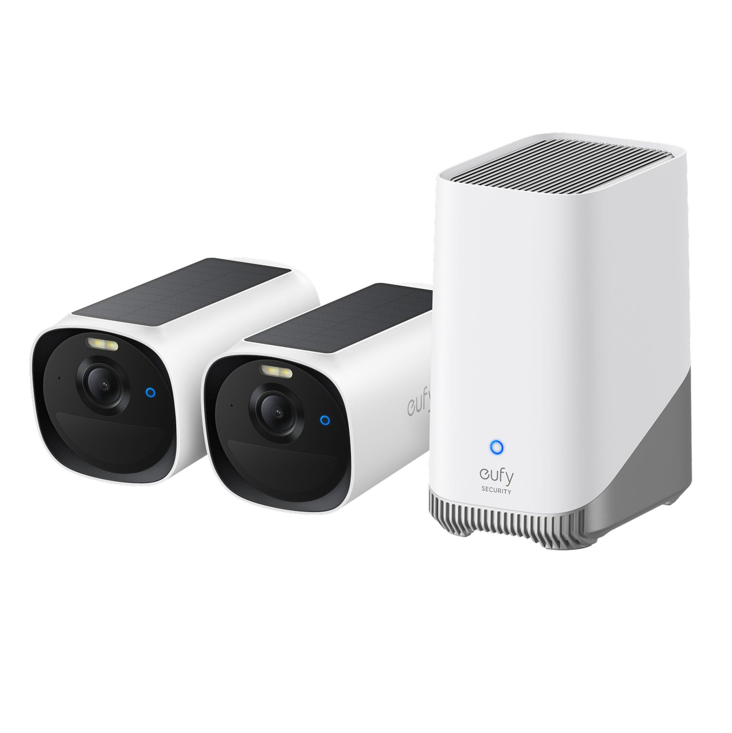 Eufy EufyCam E40 2-kamerasæt, hvid/sort, solcellekameraer med HomeBase S380, blå indikatorlys.