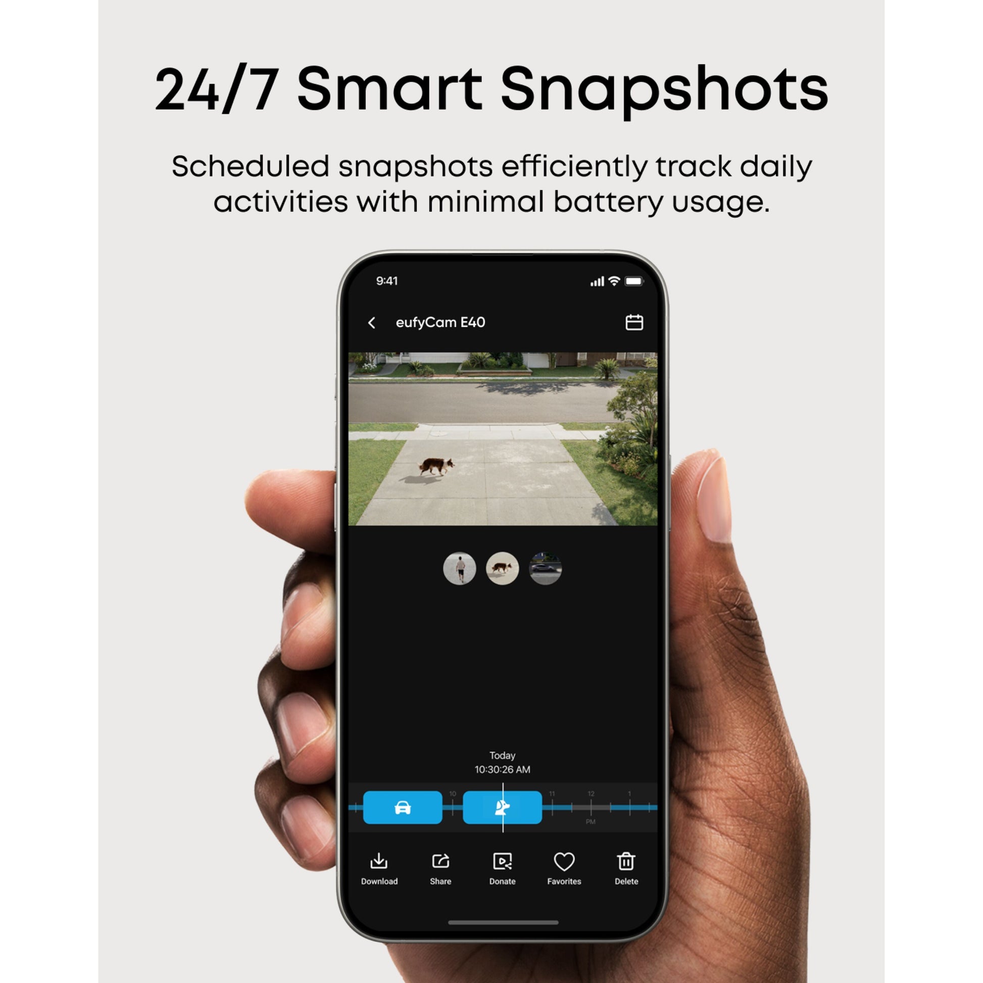 EufyCam E40 2-kamera kit med HomeBase S380, vist på smartphone med overvågningsapp og hund i indkørsel.