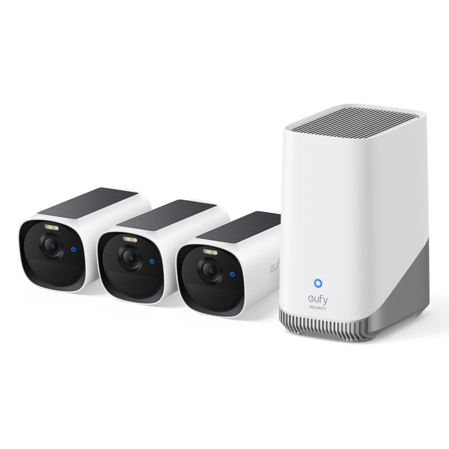 Eufy EufyCam E40 3-kamera kit med HomeBase S380, tre sort-hvide kameraer og base, understøtter solpanel kamera.