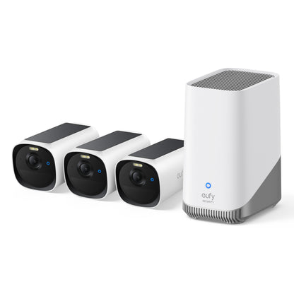 Eufy EufyCam E40 3-kamera kit med HomeBase S380, tre sort-hvide kameraer og base, understøtter solpanel kamera.