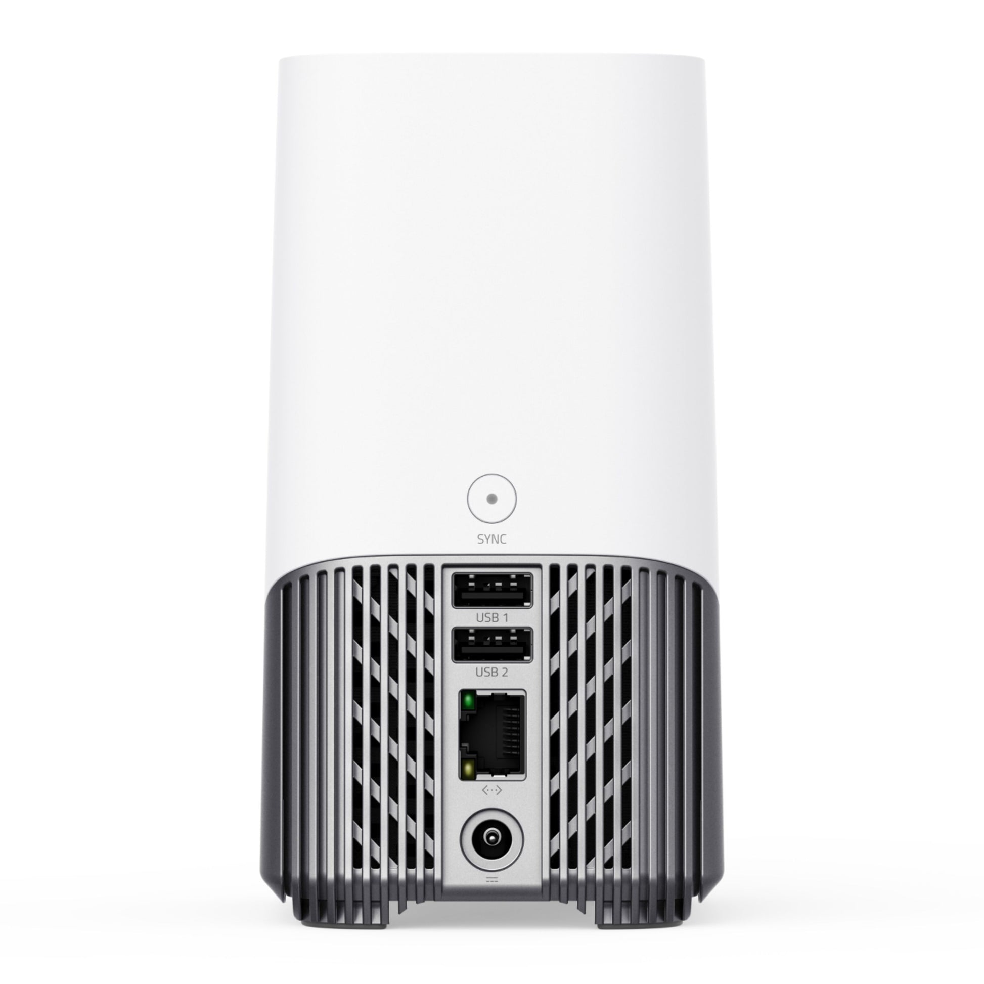 Eufy HomeBase S380 hvid bagfra med ventilationsriller, 2 USB-porte, Ethernet, strømstik og SYNC-knap.