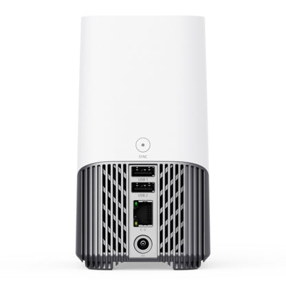 Eufy HomeBase S380 hvid bagfra med ventilationsriller, 2 USB-porte, Ethernet, strømstik og SYNC-knap.