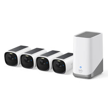 Eufy EufyCam E40 kamera 4-pak og HomeBase S380, sort/hvid, synligt Eufy-logo på hver enhed.