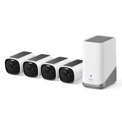 Eufy EufyCam E40 kamera 4-pak og HomeBase S380, sort/hvid, synligt Eufy-logo på hver enhed.