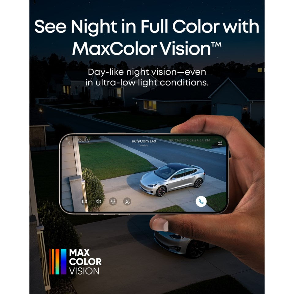 Eufy EufyCam E40 4-kamerasæt HomeBase S380 vises på smartphone med farve-natvision af indkørsel, MaxColor Vision.