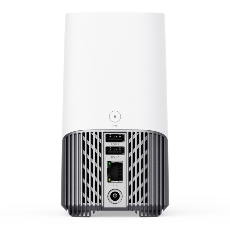 Eufy HomeBase S380 ekstern harddisk hvid bagfra med 2 USB-porte, Ethernet-port, strømstik, ventileret bund, sync-knap.