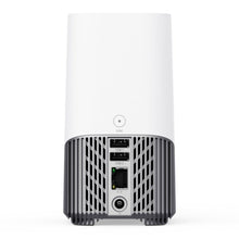 Eufy HomeBase S380 ekstern harddisk hvid bagfra med 2 USB-porte, Ethernet-port, strømstik, ventileret bund, sync-knap.