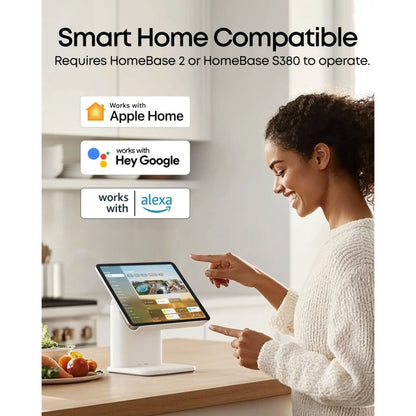 EufyCam E40 4-kamerasæt med HomeBase S380-understøttelse, Smart Home-kompatibel, Apple Home, Google Assistant, Alexa-logo.