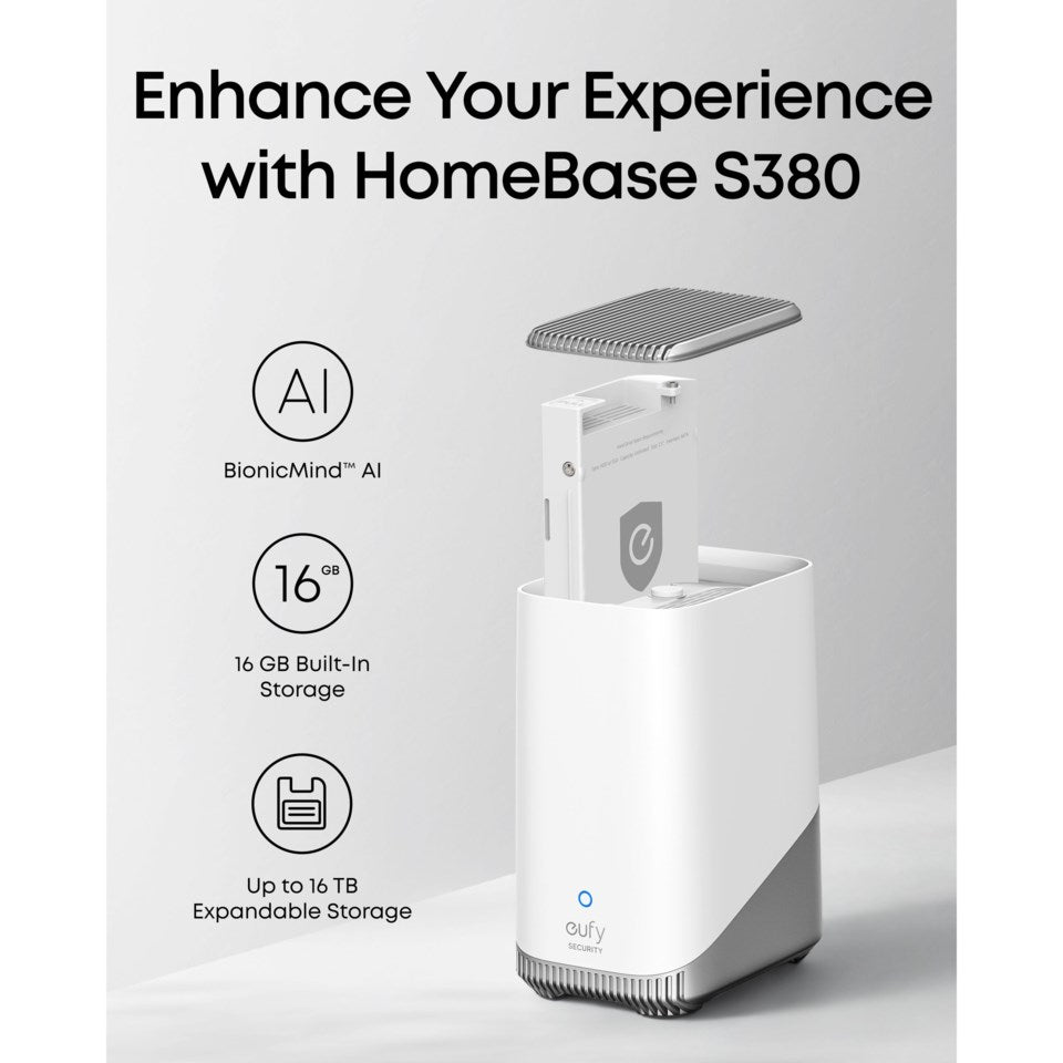 Eufy EufyCam E40 4-kamerasæt med HomeBase S380, BionicMind AI, 16 GB lager, op til 16 TB udvidelse, eksploderet komponentvisning.