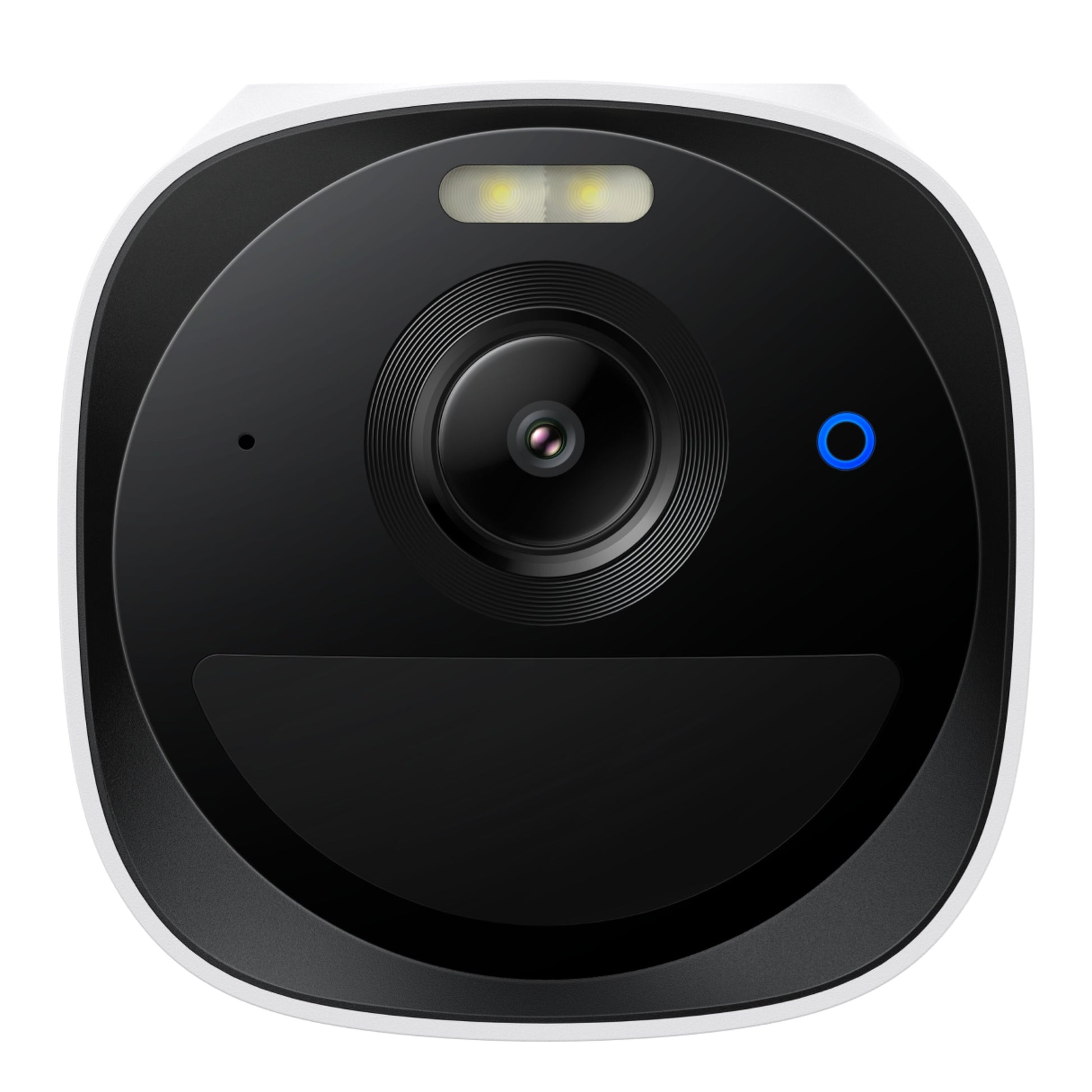 Eufy EufyCam E40 Ekstra kamera, solcelledrevet overvågningskamera 2K, centralt rundt linse, blå indikator, hvide LED-lys.