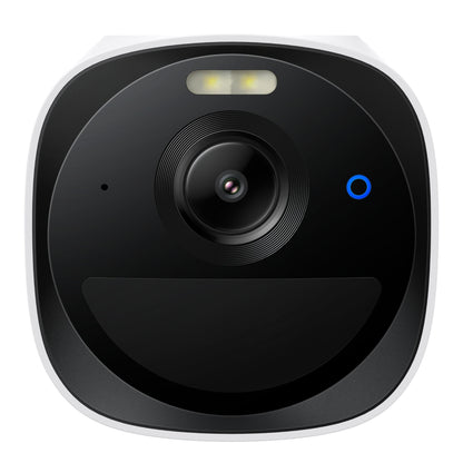 Eufy EufyCam E40 Ekstra kamera, solcelledrevet overvågningskamera 2K, centralt rundt linse, blå indikator, hvide LED-lys.