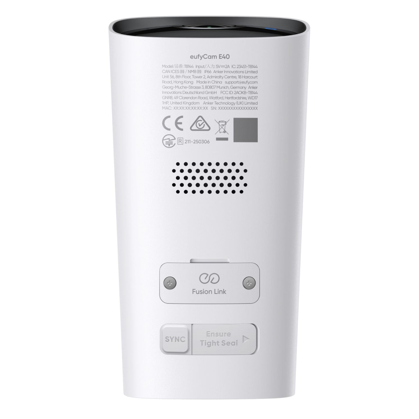 EufyCam E40 ekstra kamera bagfra med 2K-overvågning, etiketter, ventilationshuller, Fusion Link-knap og synk-knap.