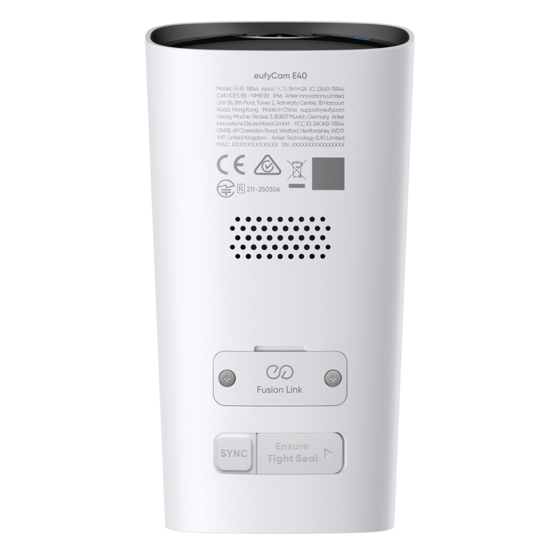 EufyCam E40 ekstra kamera bagfra med 2K-overvågning, etiketter, ventilationshuller, Fusion Link-knap og synk-knap.