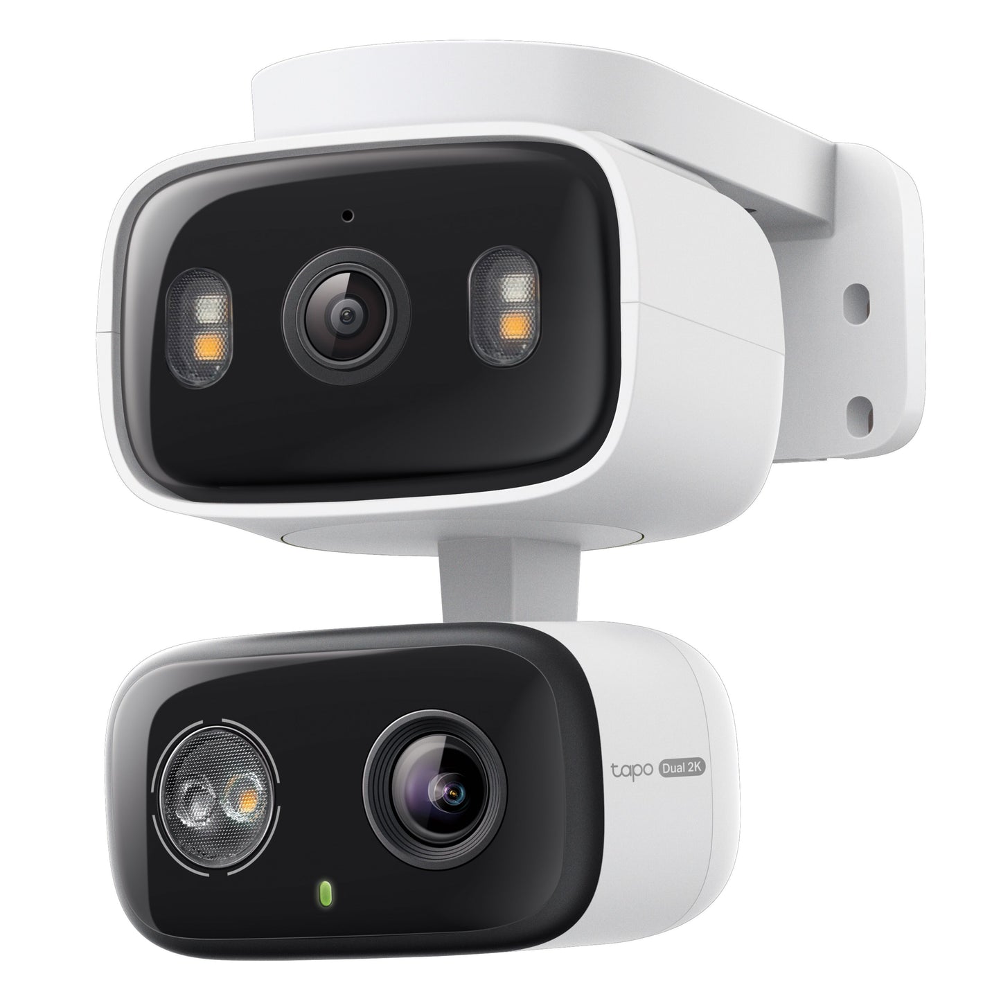 Tapo C246D trådløst overvågningskamera hvid med to slags enheder, linser, LED-lys og tapo Dual QHD 2K mærkning.
