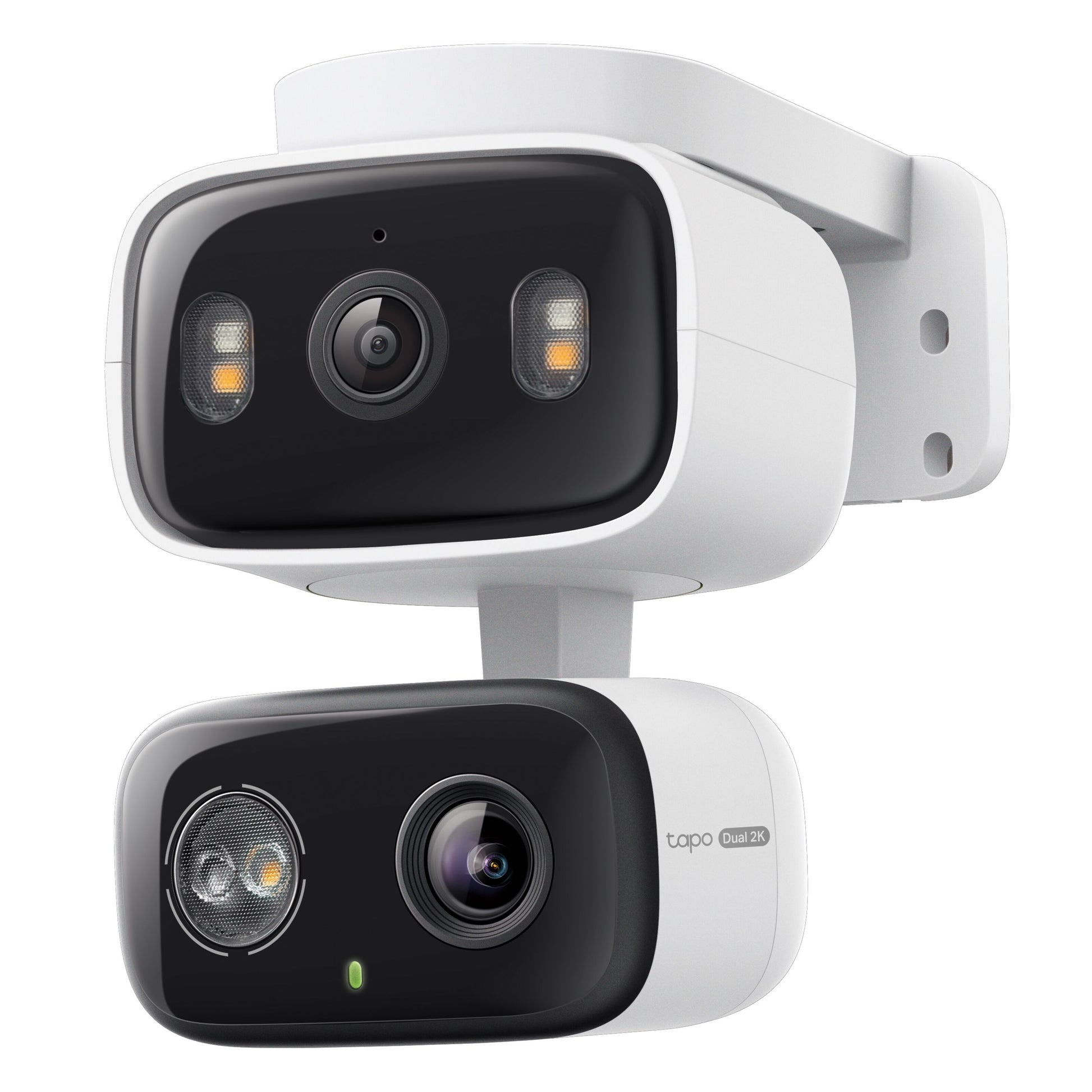 Tapo C246D trådløst overvågningskamera hvid med to slags enheder, linser, LED-lys og tapo Dual QHD 2K mærkning.