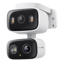 Tapo C246D trådløst overvågningskamera hvid med to slags enheder, linser, LED-lys og tapo Dual QHD 2K mærkning.