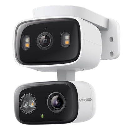Tapo C246D trådløst overvågningskamera hvid med to slags enheder, linser, LED-lys og tapo Dual QHD 2K mærkning.
