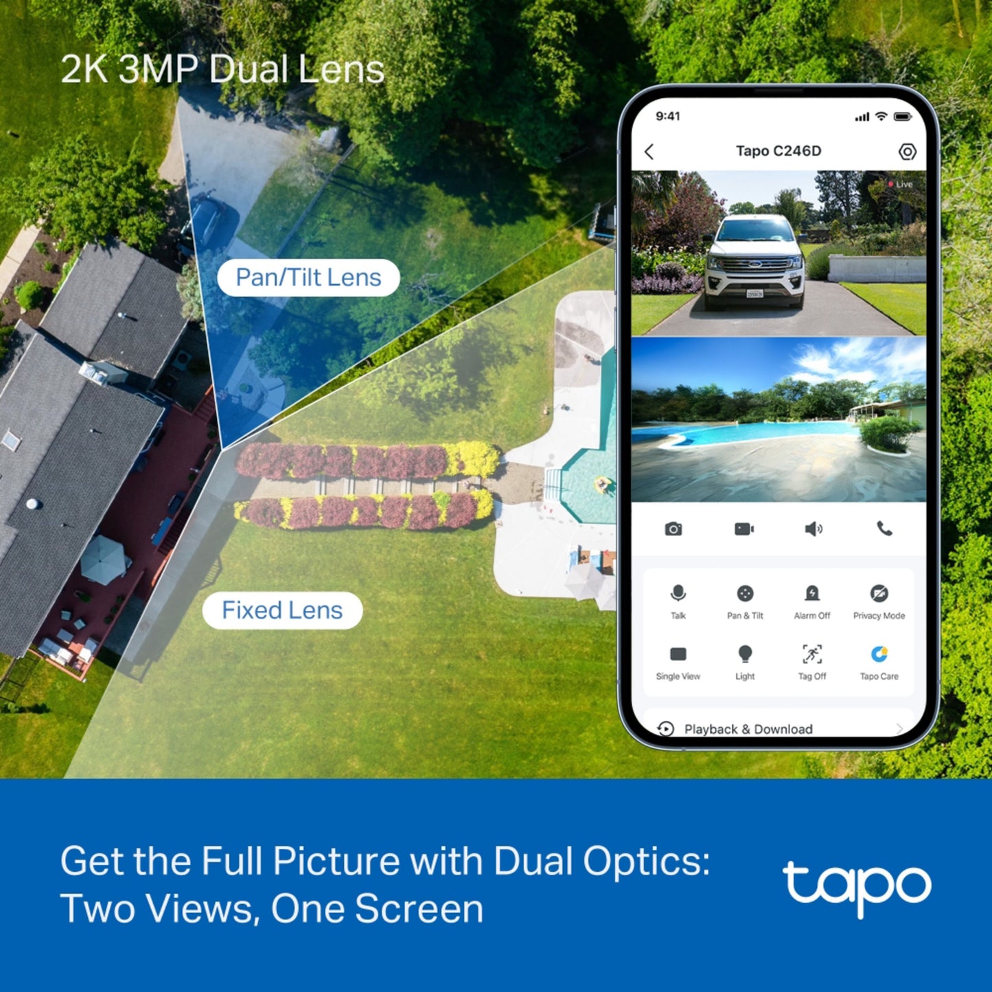 TP-Link Tapo C246D Trådløs overvågningskamera dual visning i app med pan/tilt og fast linse, hver dækker adskilte zoner.