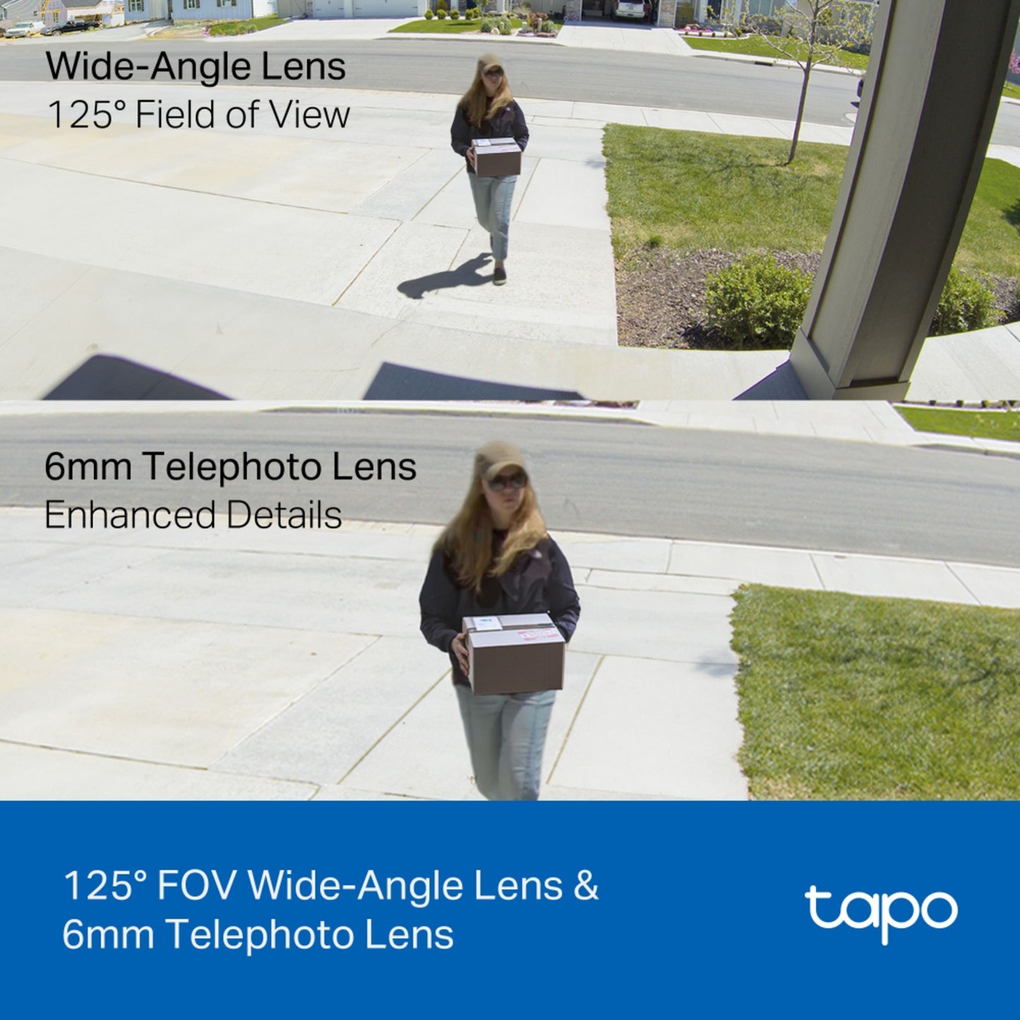 TP-Link Tapo C246D trådløs overvågningskamera, bred- og telefotooptik, detaljeret overvågning af indgang.