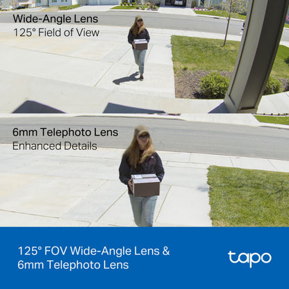 TP-Link Tapo C246D trådløs overvågningskamera, bred- og telefotooptik, detaljeret overvågning af indgang.