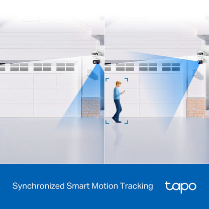TP-Link Tapo C246D trådløst overvågningskamera, to stk, blå sporingslys, tekst: Synkroniseret smart bevægelsessporing.