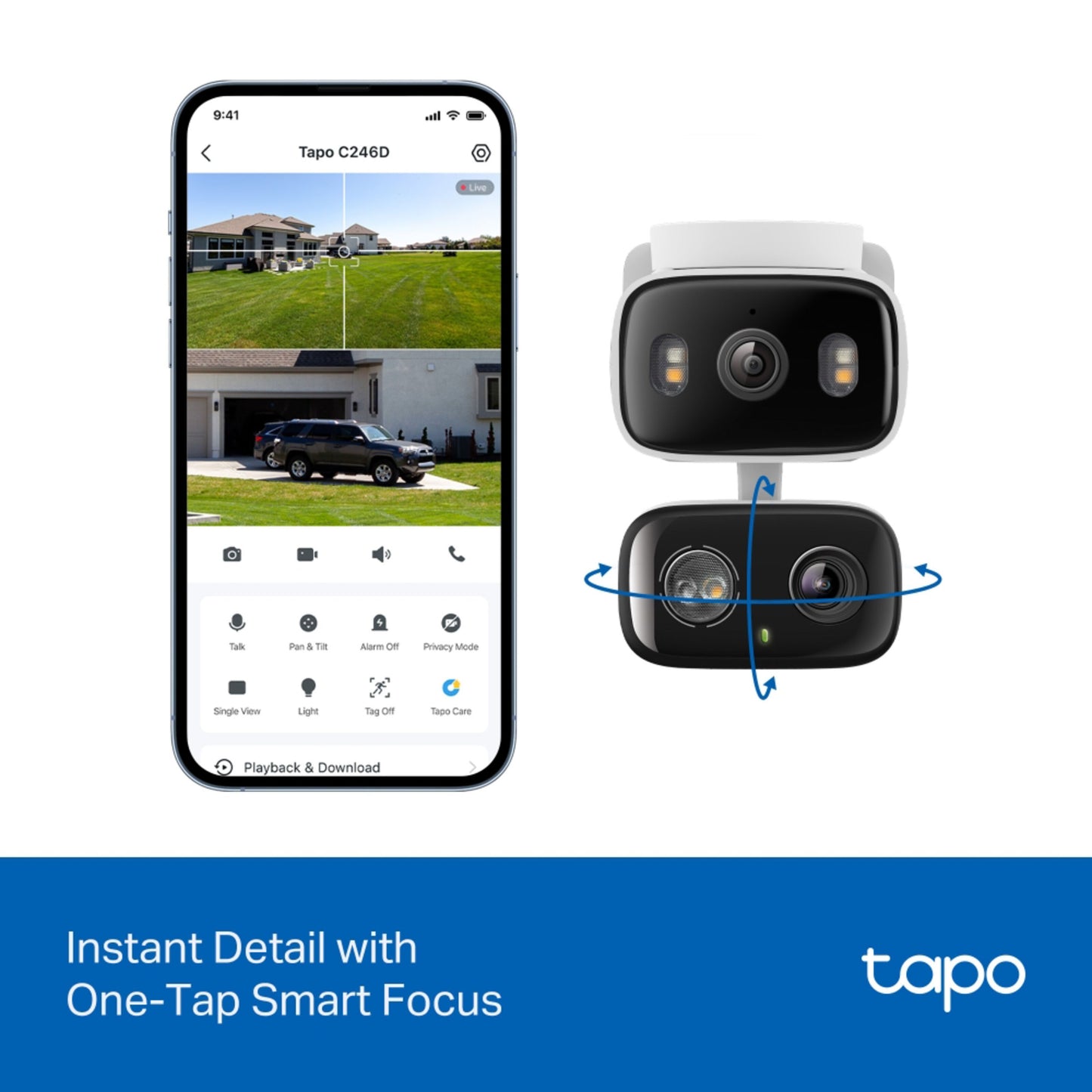TP-Link Tapo C246D trådløs overvågningskamera ved siden af smartphone med Tapo app og teksten Instant Detail with One-Tap Smart Focus.