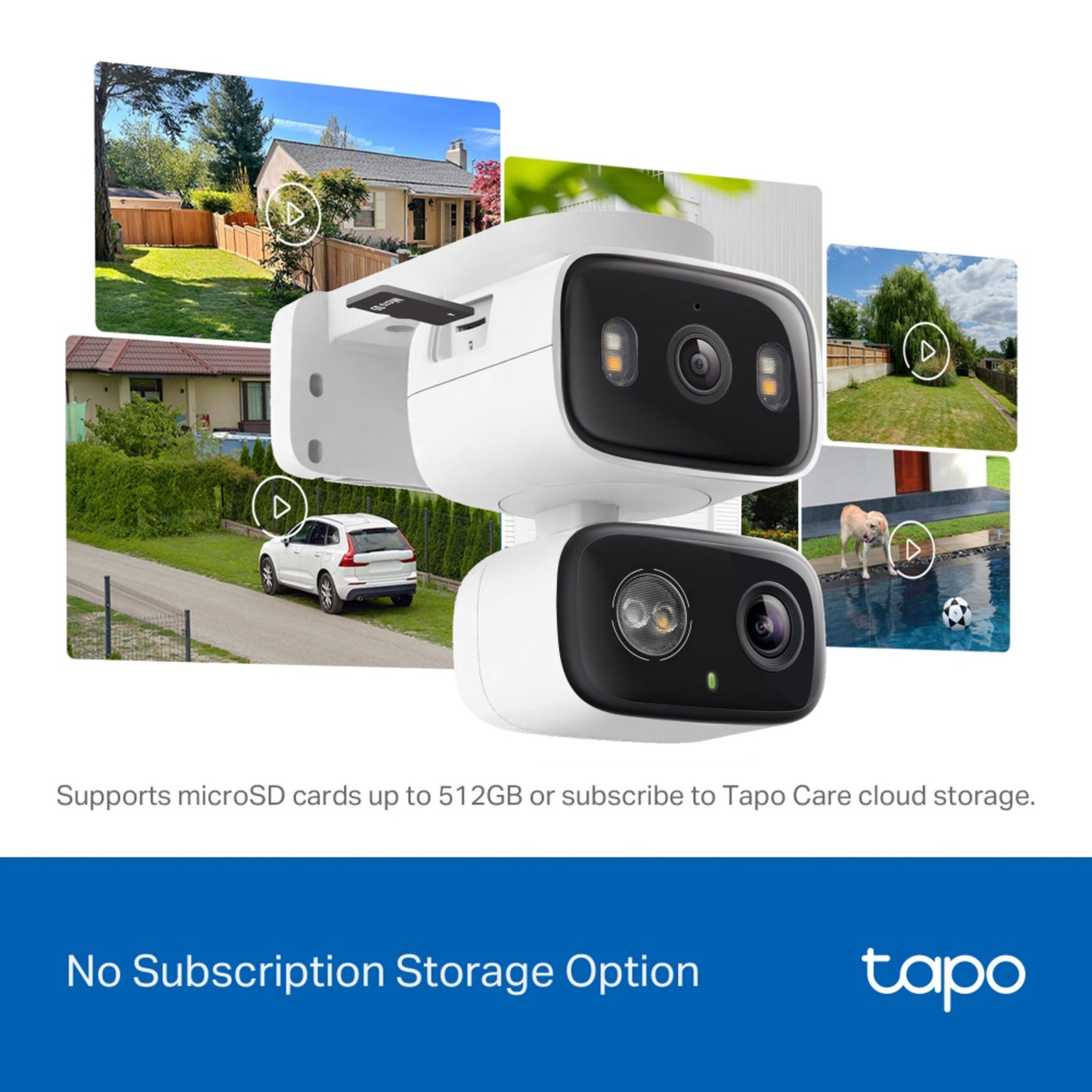 TP-Link Tapo C246D trådløst overvågningskamera med dual-linse, op til 512GB microSD, Tapo Care cloud-lagring.