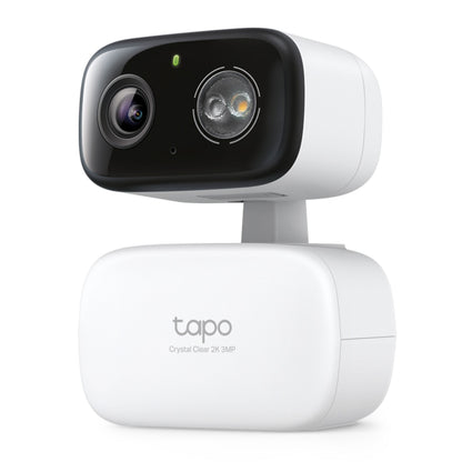 TP-Link Tapo C216 trådløst kamera hvid, sort front, stor linse/sensor, tapo Crystal Clear 2K 3MP-mærke på base.
