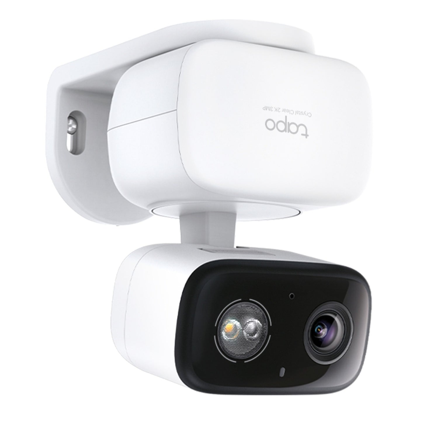 TP-Link Tapo C216 trådløst overvågningskamera sort front, motoriseret pan/tilt, AI-detektion, på vægholder set fra vinkel.