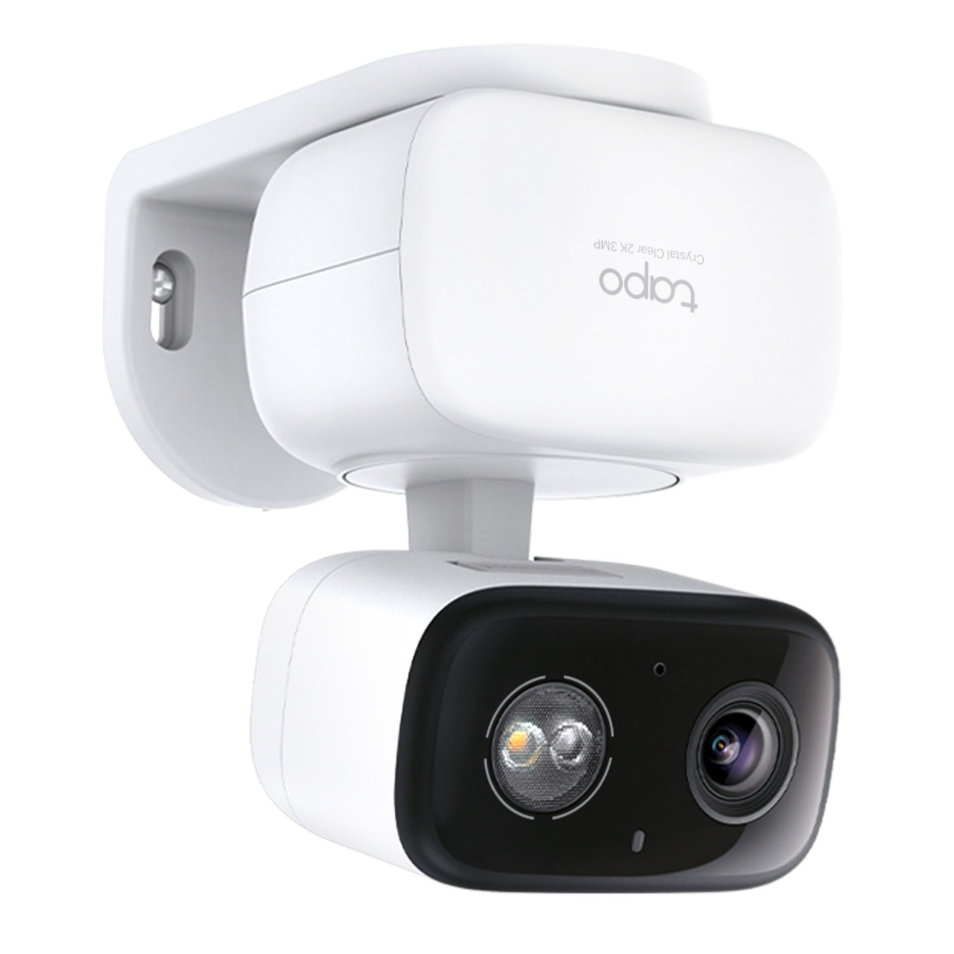 TP-Link Tapo C216 trådløst overvågningskamera sort front, motoriseret pan/tilt, AI-detektion, på vægholder set fra vinkel.