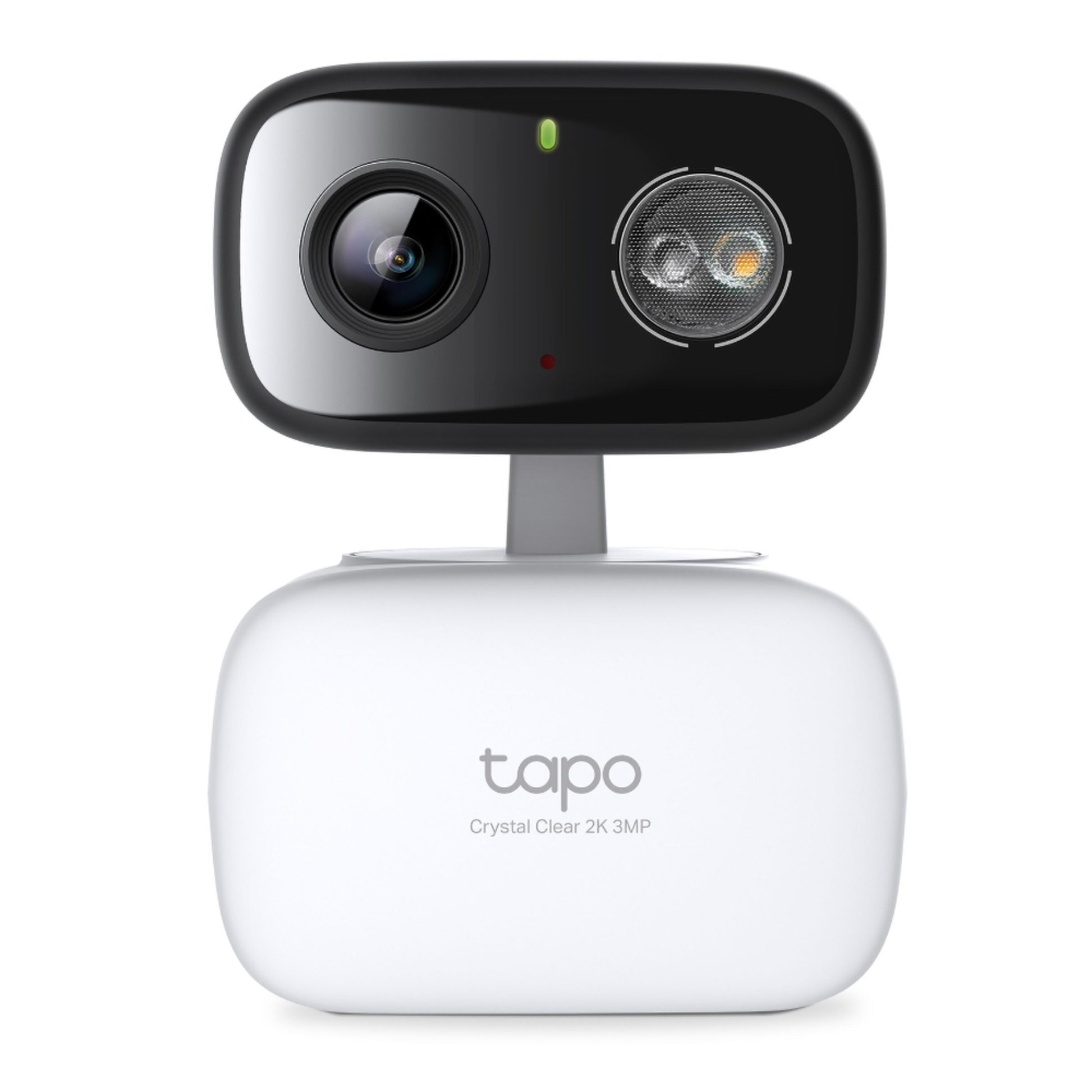 TP-Link Tapo C216 trådløst overvågningskamera, motoriseret pan/tilt, sort linsemodul, LED-lys, hvid base "tapo 2K 3MP.