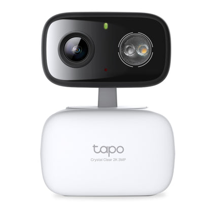 TP-Link Tapo C216 trådløst overvågningskamera, motoriseret pan/tilt, sort linsemodul, LED-lys, hvid base "tapo 2K 3MP.