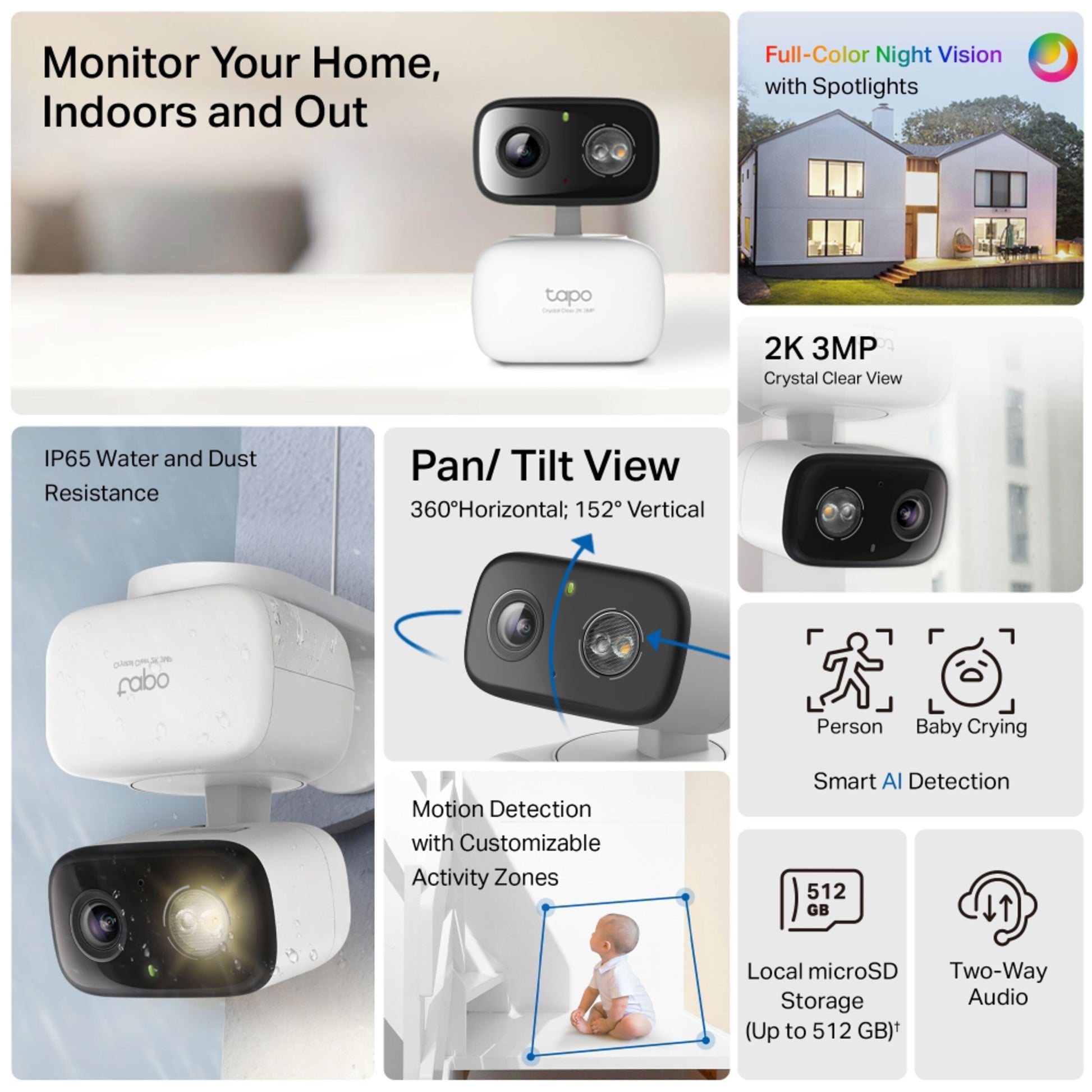 TP-Link Tapo C216 trådløst overvågningskamera motoriseret pan/tilt 2K 3MP natvision AI detektion microSD 512GB hvid.