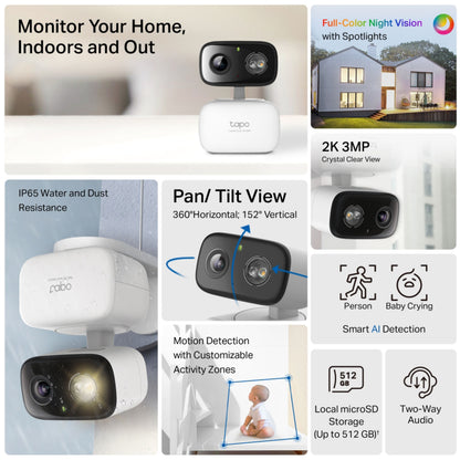 TP-Link Tapo C216 trådløst overvågningskamera motoriseret pan/tilt 2K 3MP natvision AI detektion microSD 512GB hvid.