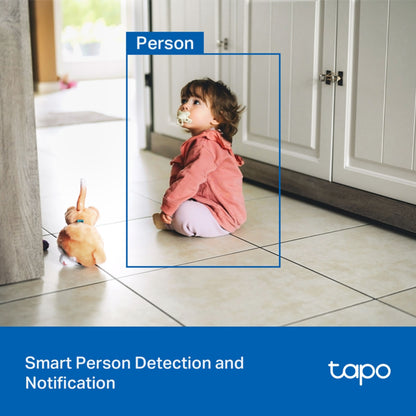 TP-Link Tapo C216 trådløst overvågningskamera, tekst Smart AI-detektion og notifikation, blå boks markerer person.