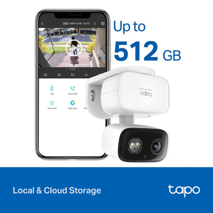 TP-Link Tapo C216 udendørs trådløst overvågningskamera med projektørlys, AI-detektion, ved smartphone med 1080p live feed.