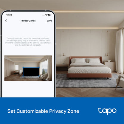 TP-Link Tapo C216 trådløst overvågningskamera app motoriseret pan/tilt, visning af brugerdefinerbar privatlivszone, TP-Link-logo.