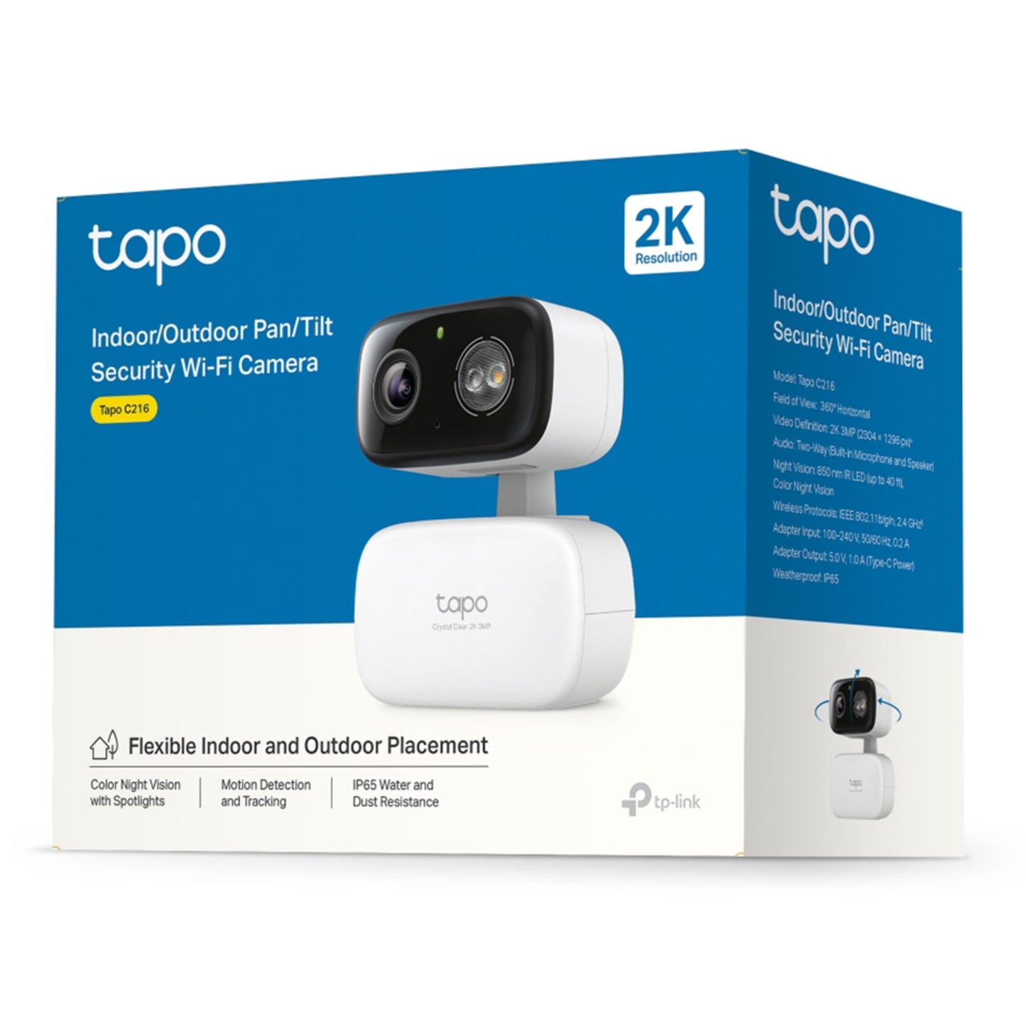 TP-Link Tapo C216 trådløst overvågningskamera æske, 2K, pan/tilt, nattesyn, AI- og bevægelsesdetektion, vand/støvafvisende.