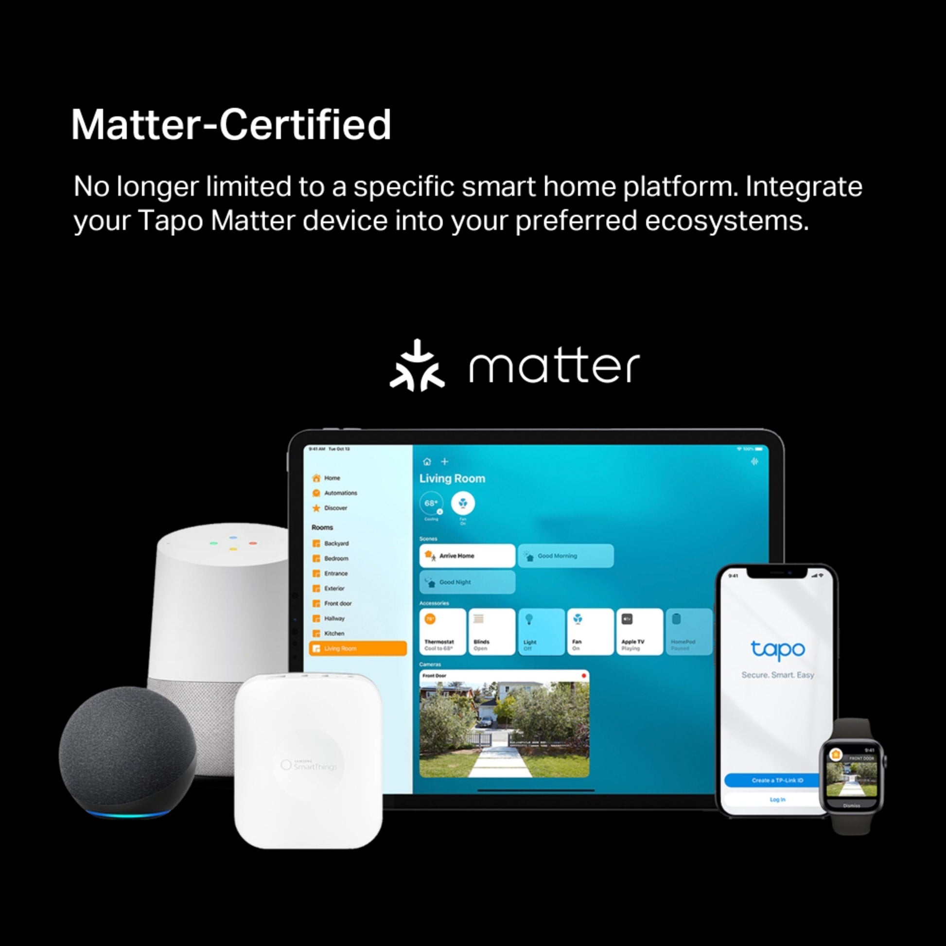 Tapo P410M smart fjernstrømafbryder 3680 W med energimåling, Matter-logo, "Matter-Certified", Tapo-app på smartphone.