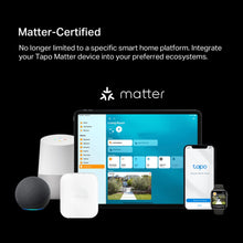 Tapo P410M smart fjernstrømafbryder 3680 W med energimåling, Matter-logo, "Matter-Certified", Tapo-app på smartphone.