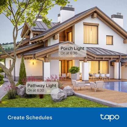 TP-Link Tapo P410M smart fjernstrømafbryder med energimåling 3680W, "Create Schedules"-tekst, Tapo-logo.